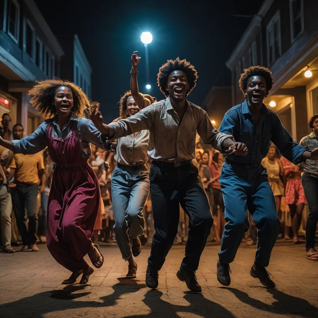 a group of people dancing on a street at night time with a crowd watching them dance around them and people standing around, black arts movement, a poster, Chinwe Chukwuogo-Roy, movie still