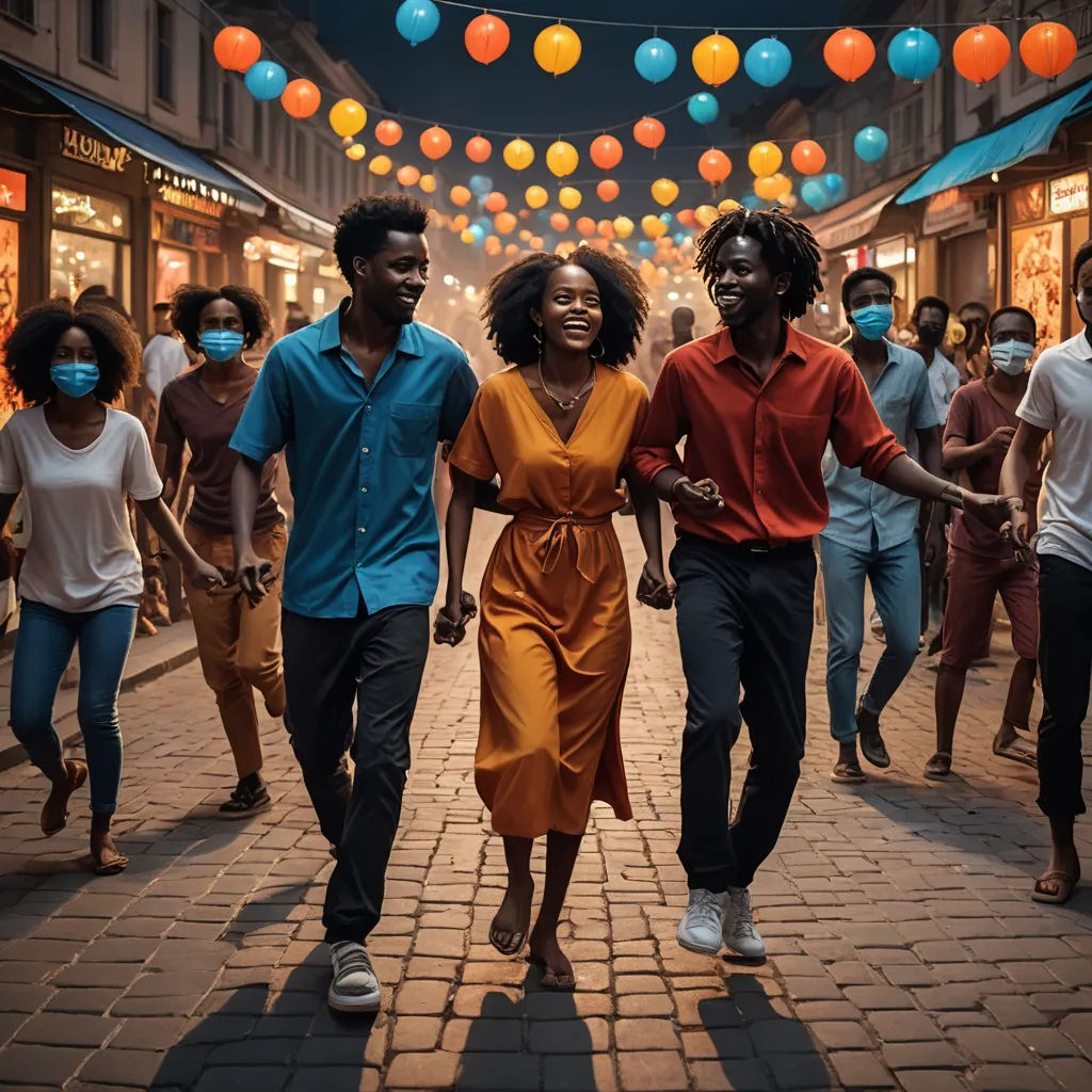 a group of people walking down a street with masks on their faces and a woman in a dress on the other side, afrofuturism, a poster, Chinwe Chukwuogo-Roy, promotional image