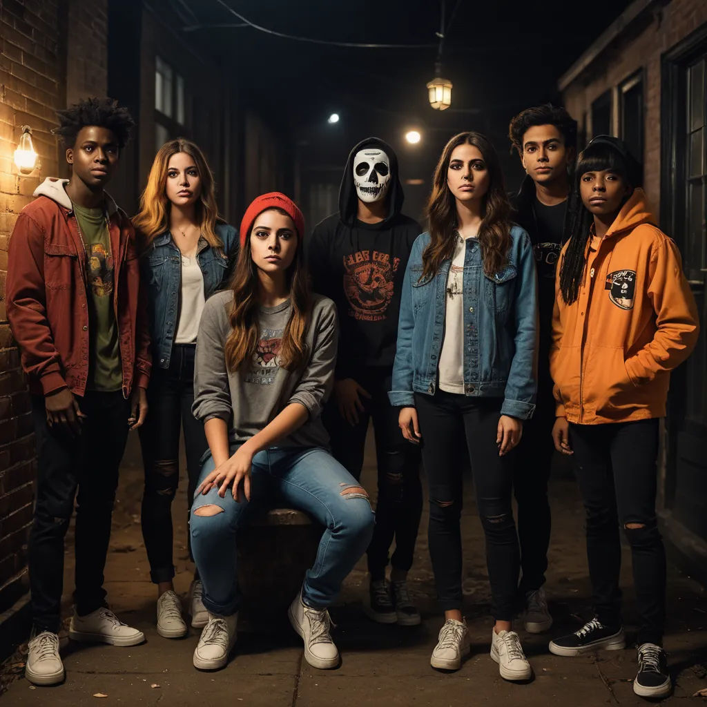 a group of people standing next to each other in a hallway at night time with a person wearing a skeleton mask, shock art, a poster, Felix-Kelly, promotional image