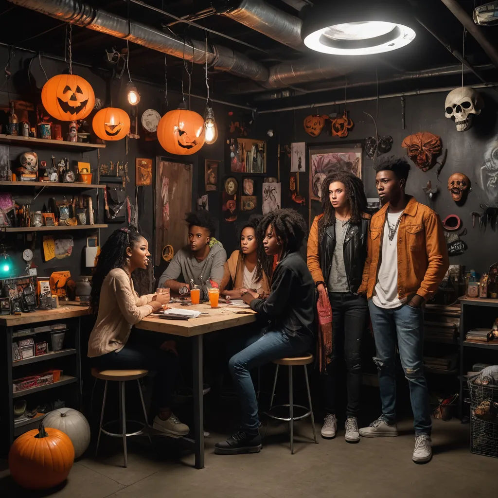 a group of people sitting around a table with pumpkins on the wall behind them and a man standing in the middle, black arts movement, a stock photo, Évariste Vital Luminais, promotional image