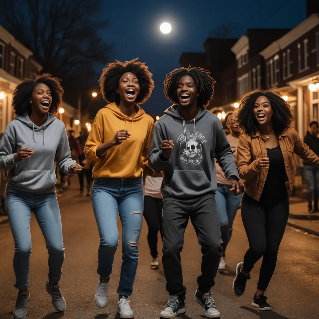 a group of young people walking down a street at night with lights on the buildings behind them and a full moon in the sky, black arts movement, a stock photo, Darrell Riche, portrait photography