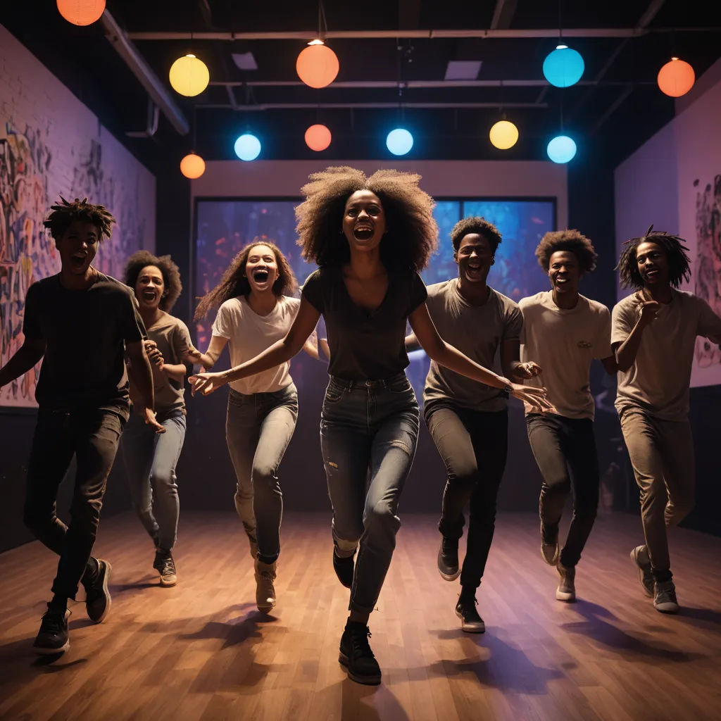a group of people dancing in a room with lights on the ceiling and a woman in the center of the room, black arts movement, a stock photo, Chinwe Chukwuogo-Roy, studio lighting