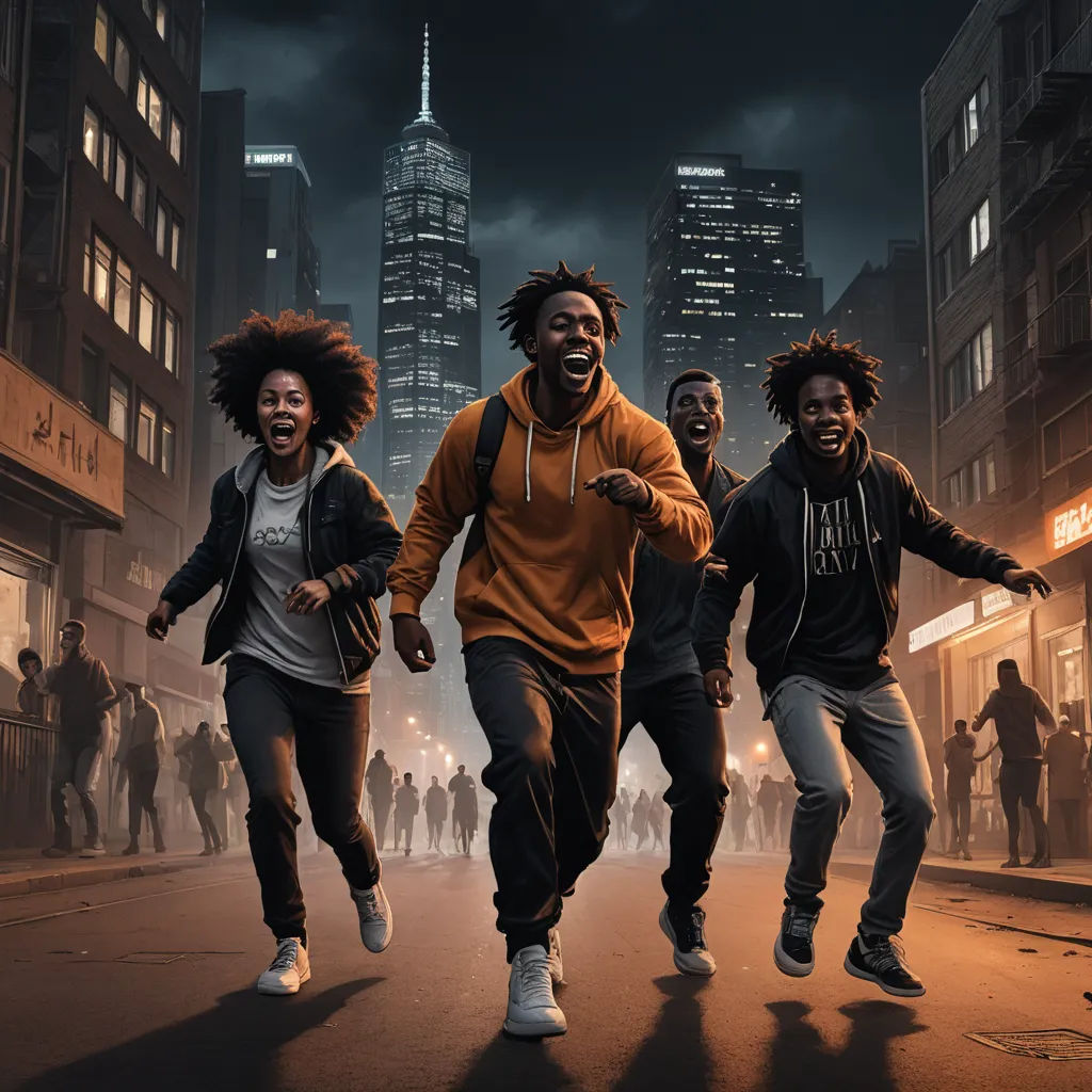 a group of young men running down a street at night in a city with tall buildings in the background, black arts movement, poster art, Altichiero, promotional image