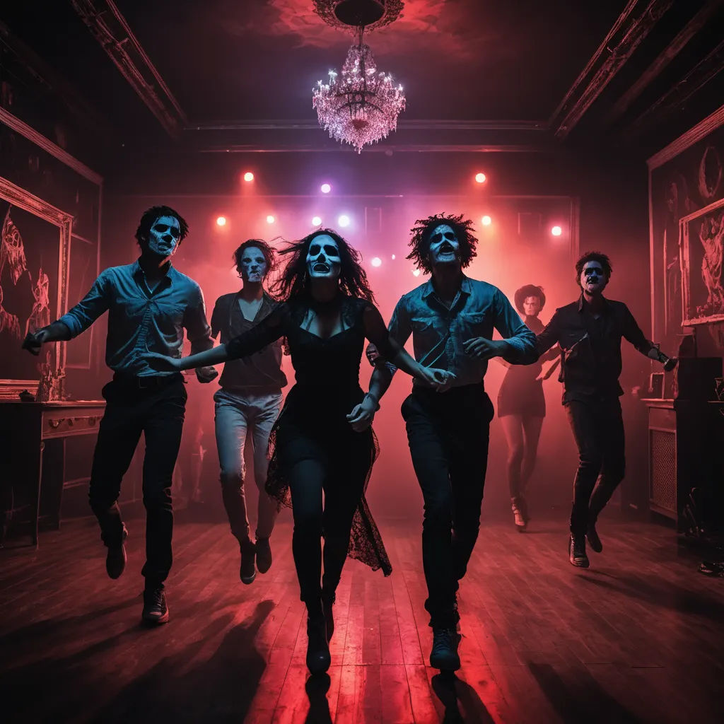 a group of people that are standing in the dark together in a room with lights on and a chandelier, kitsch movement, an album cover, Elsa Bleda, promotional image