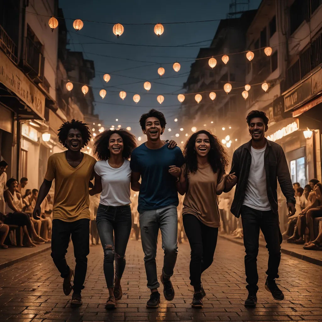 a group of people walking down a street at night with lights strung overhead and people sitting on the sidewalk, incoherents, a stock photo, Art & Language, cinematic photography
