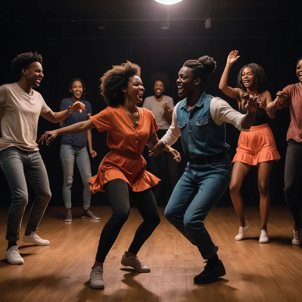 a group of people dancing on a wooden floor in a dark room with a spotlight on the floor and a light on, black arts movement, a stock photo, Chinwe Chukwuogo-Roy, studio lighting