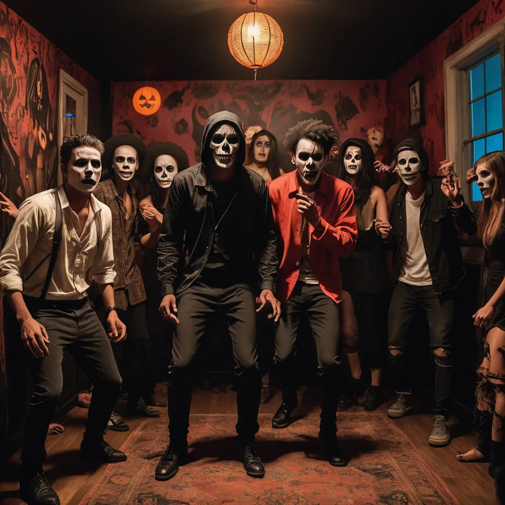 a group of people in a room with a man in a mask on and a woman in a red shirt, black arts movement, a stock photo, Altichiero, promotional image