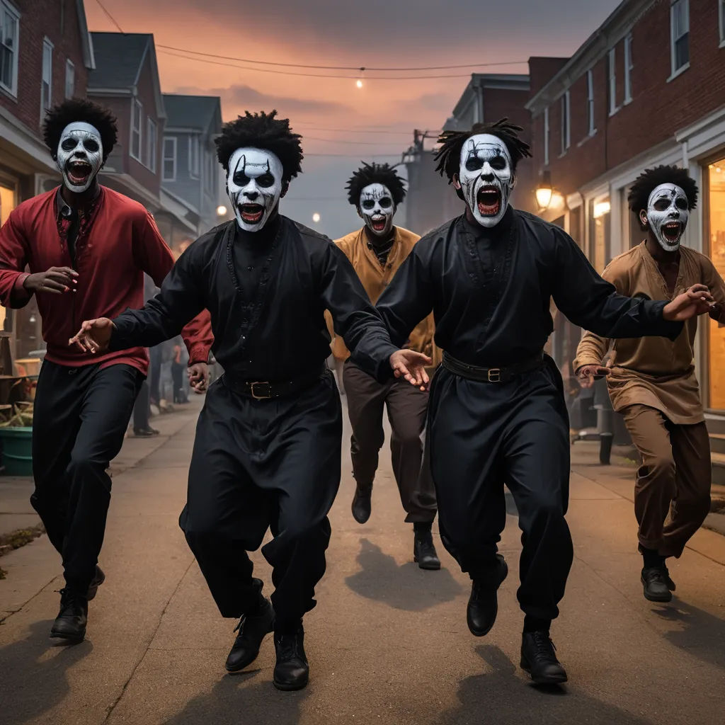 a group of people with painted faces running down a street at night with their hands in the air and their faces painted white, black arts movement, a poster, Carrie Mae Weems, promotional image