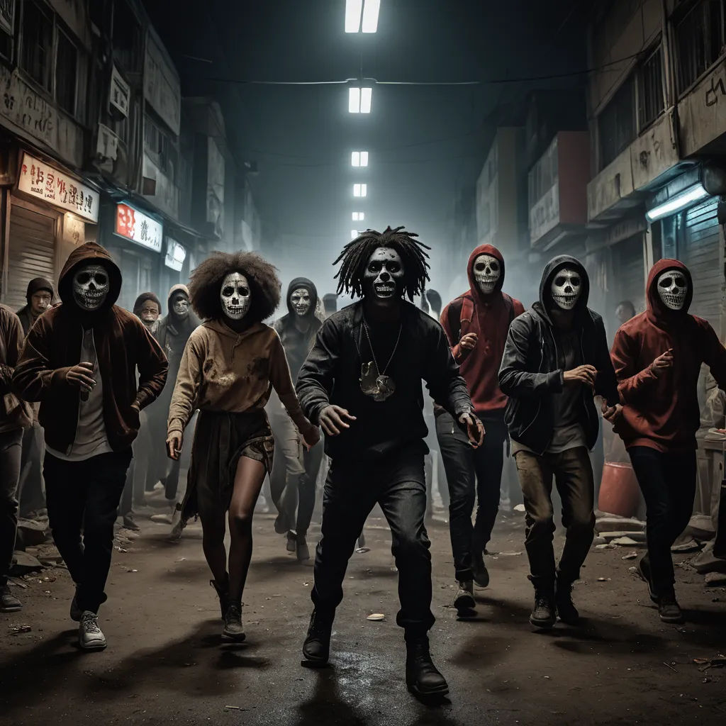a group of people in skeleton makeup walking down a street at night with a person in the middle of the group, black arts movement, graffiti art, Altichiero, cinematic photography