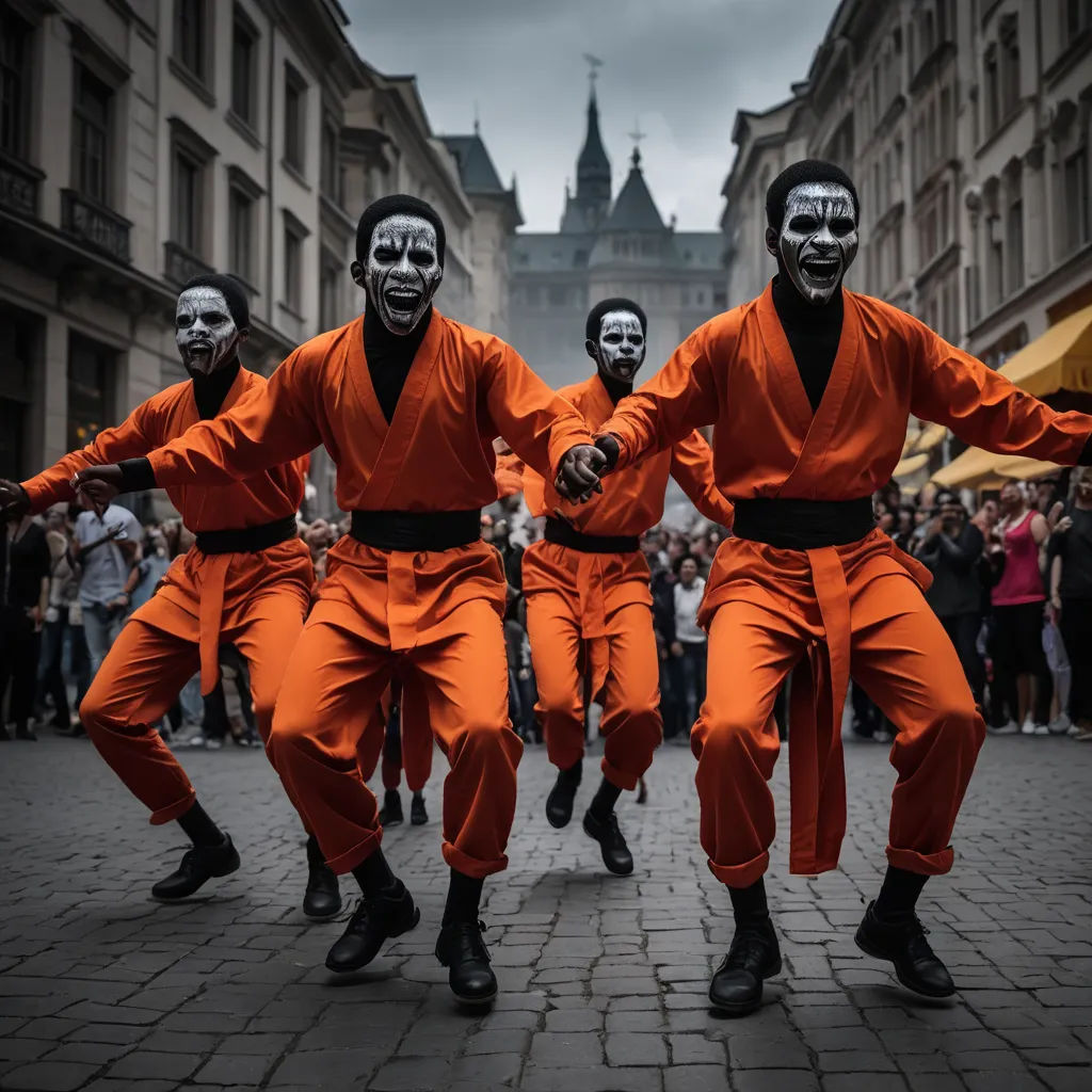 a group of men in orange outfits dancing on a brick street with a crowd of people in the background, black arts movement, a flemish Baroque, Elke Vogelsang, award-winning photograph