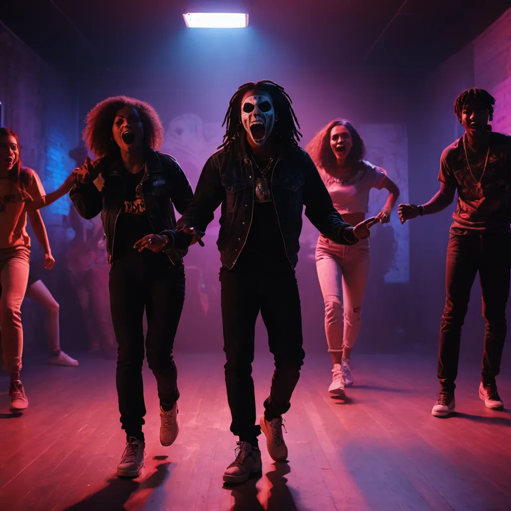 a group of people in a dark room with a person wearing a mask and holding a knife in the middle of the room, black arts movement, a stock photo, David Teniers III, promotional image
