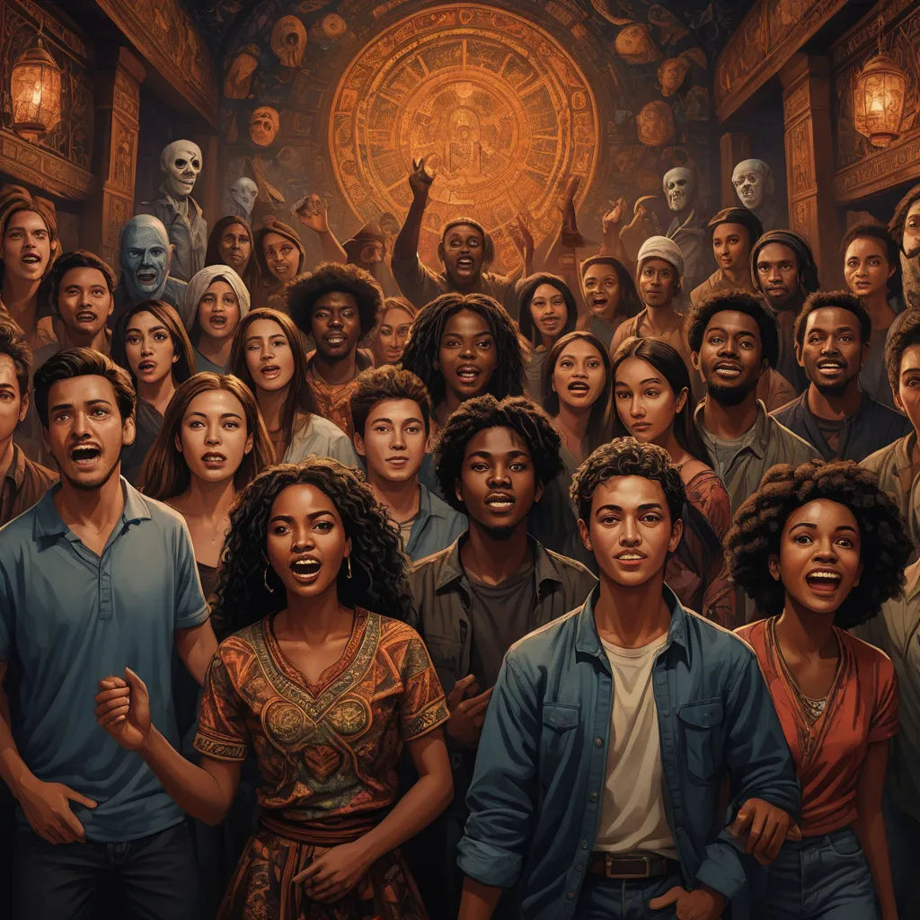 a group of people standing in a room with a clock on the wall behind them and a painting of a man standing in front of them, sots art, poster art, Drew Struzan, key art