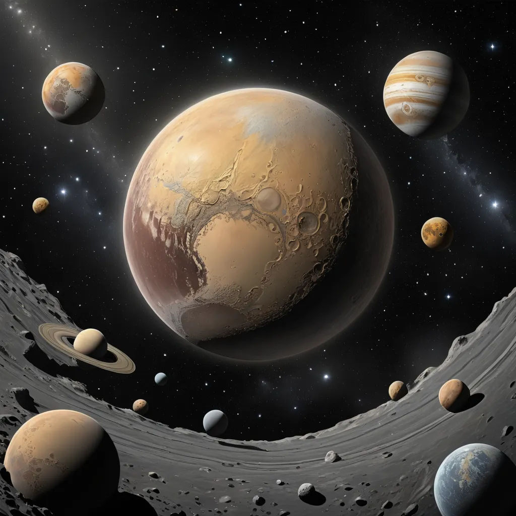 a group of planets in the sky with stars around them and a moon in the background with a few smaller planets, space art, a detailed matte painting, David A Hardy, planets