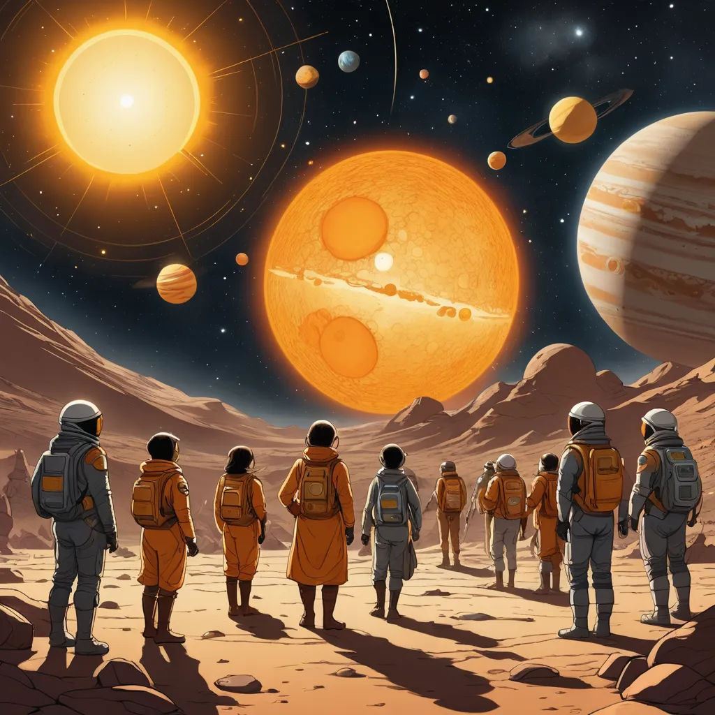 a group of people in space with planets in the background and a sun in the sky above them,, space art, an album cover, David A Hardy, promotional image