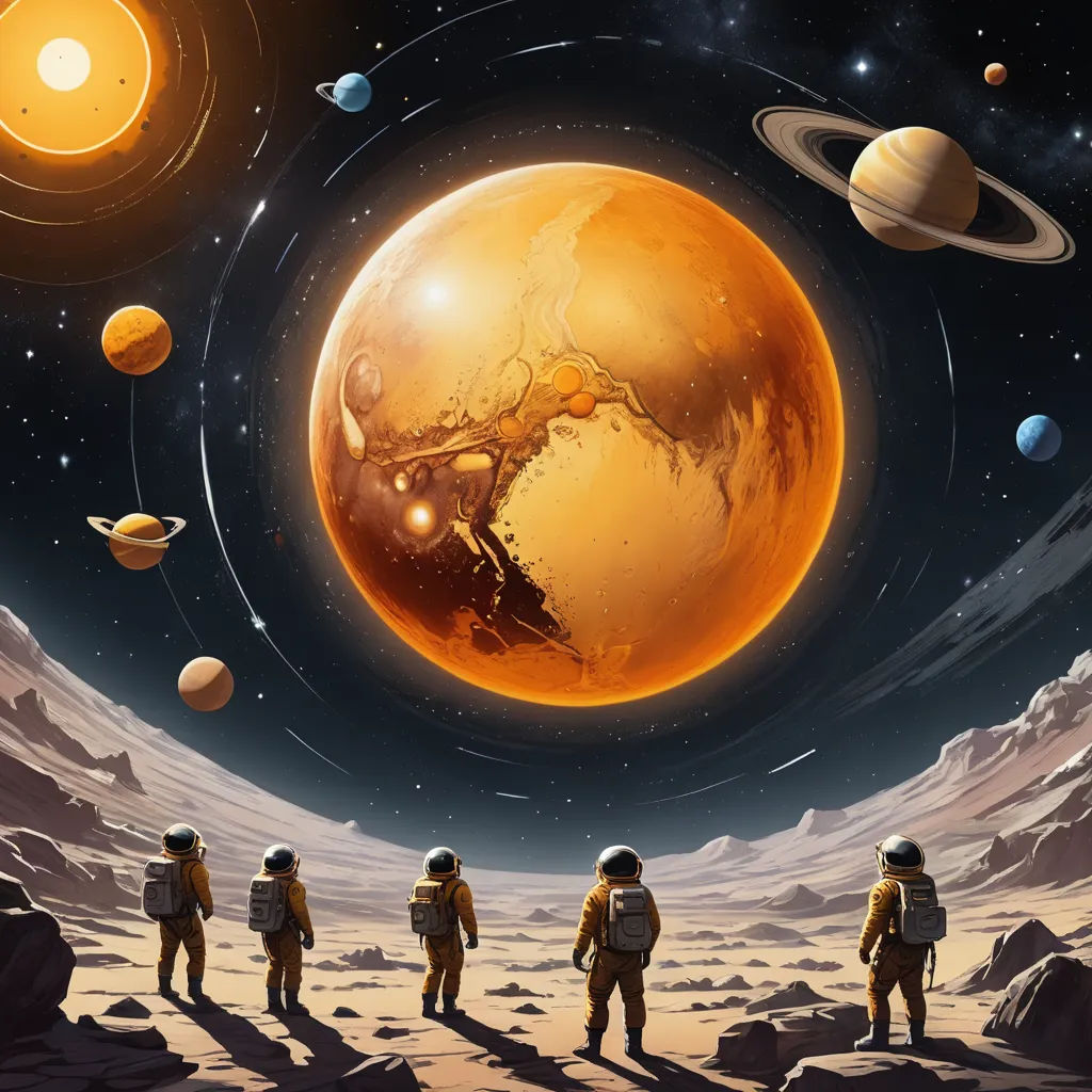 a group of astronauts walking through a desert area with planets in the background and a sun in the sky, space art, a detailed matte painting, David A Hardy, space