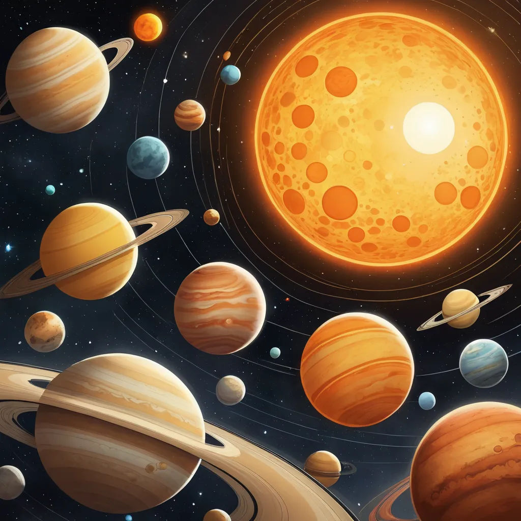a solar system with planets and sun in the background illustration by michael strickk, via flickon, space art, a detailed painting, Andries Stock, planets