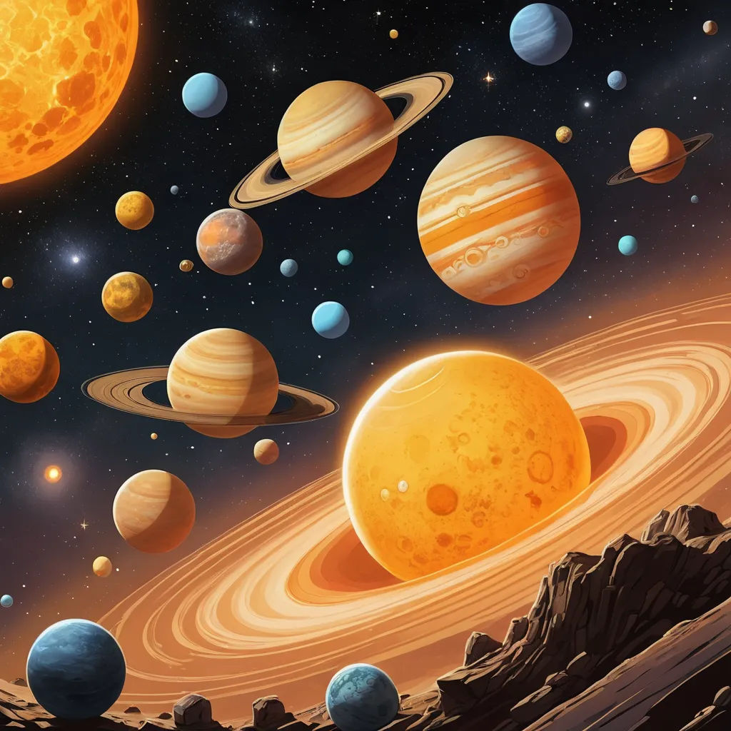 a solar system with planets and stars in the sky illustration by michael strickk, via flickon, space art, a detailed matte painting, David A Hardy, planets