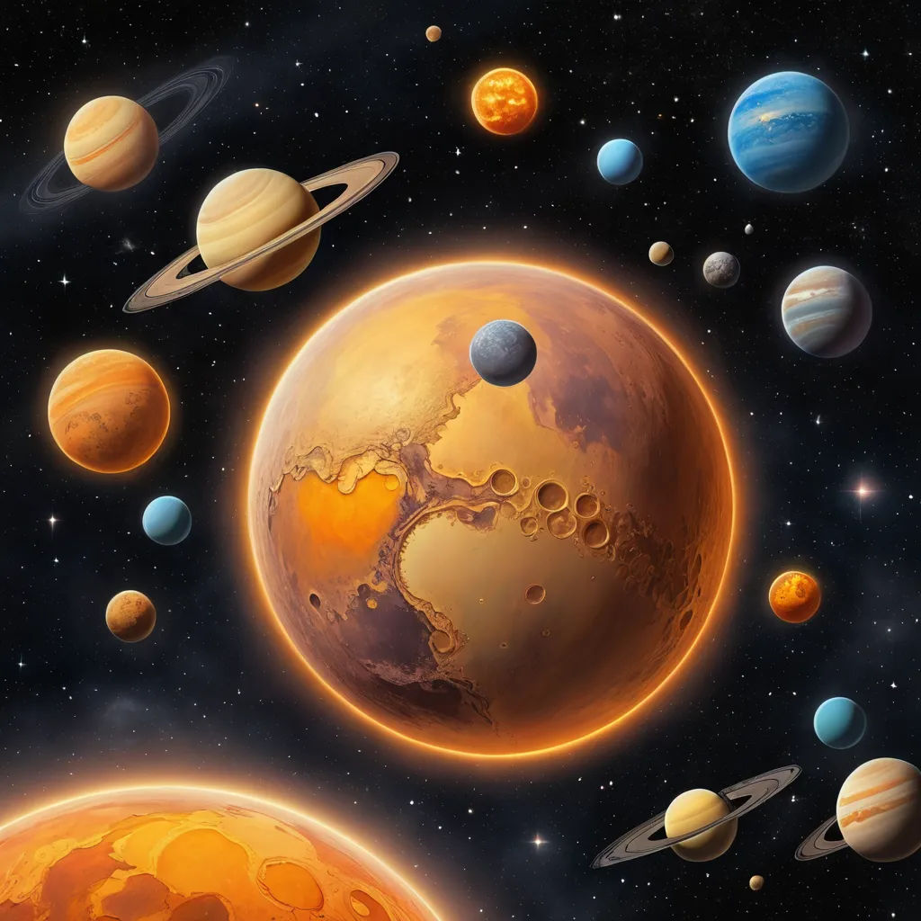 a painting of planets in the sky with a star in the background and a planet in the foreground, space art, a detailed matte painting, David A Hardy, planets