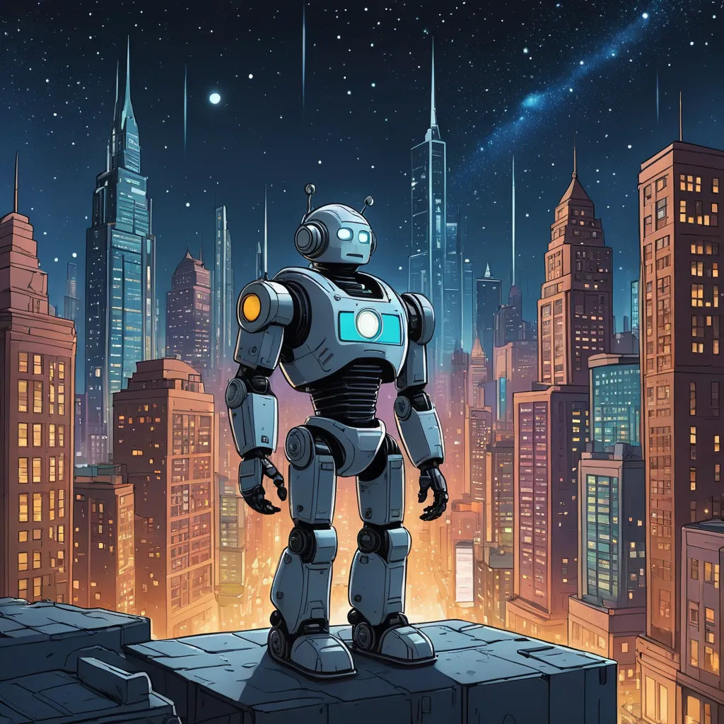 a robot standing on a ledge in front of a city skyline at night with stars and a bright light, retrofuturism, concept art, Dan Mumford, josan gonzales and dan mumford