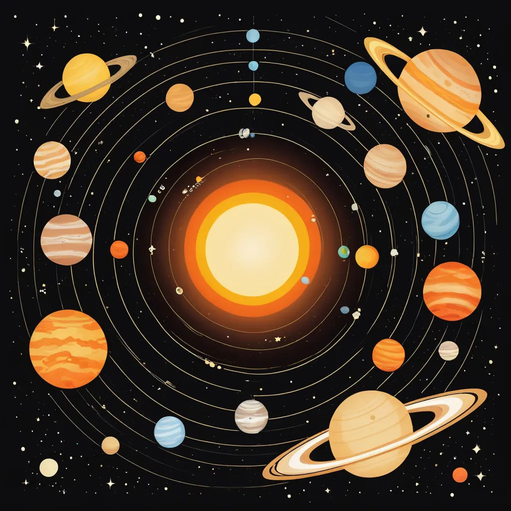 a solar system with the planets in the center of it and the sun in the middle of the space, space art, a detailed drawing, Chris LaBrooy, planets