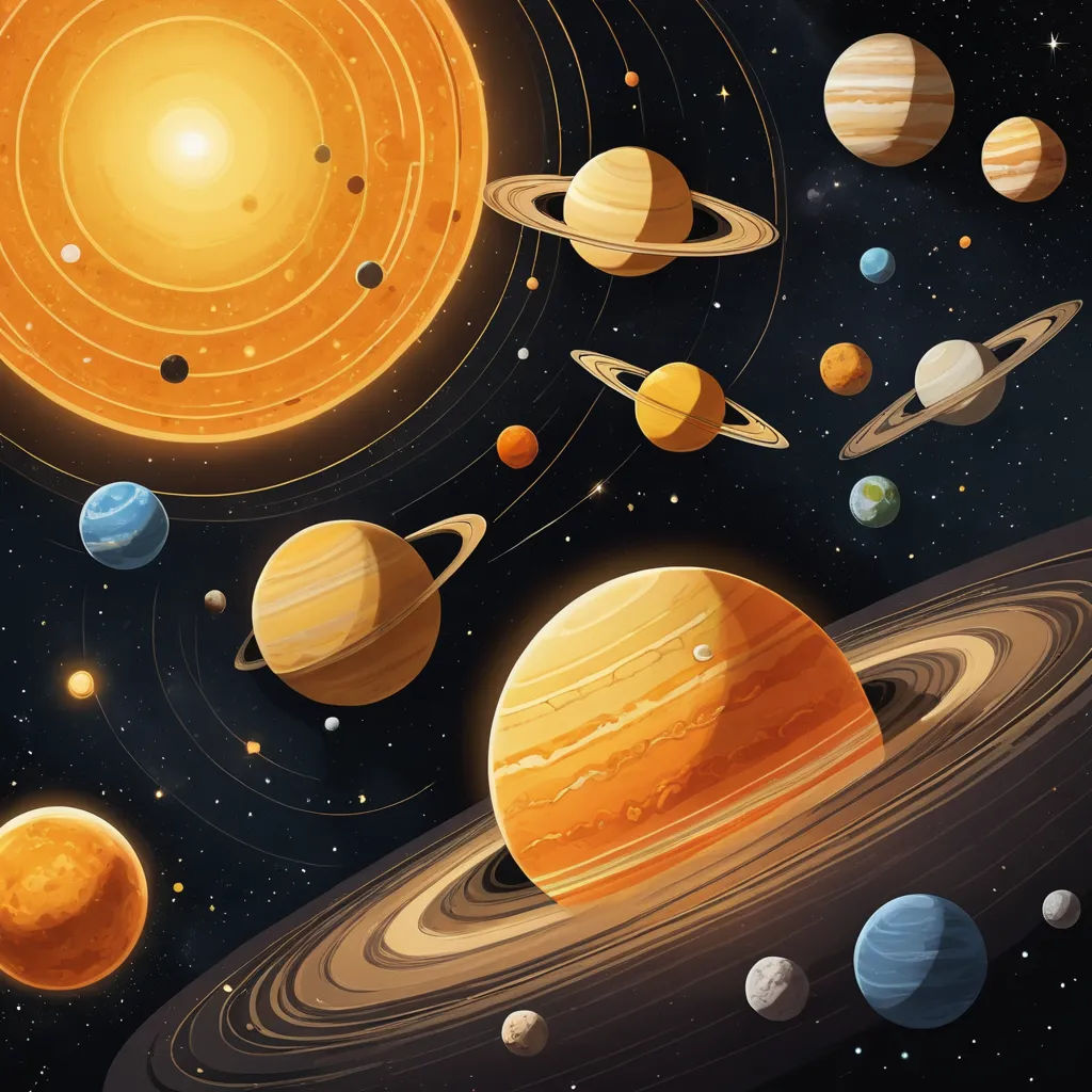 a solar system with planets and sun in the background illustration in a flat style illustration on a black background, space art, a detailed drawing, David A Hardy, planets