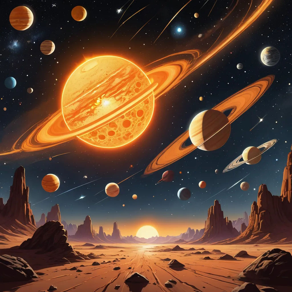 a painting of a solar system with planets and stars in the sky and a distant landscape with rocks and boulders, space art, a detailed matte painting, David A Hardy, planets