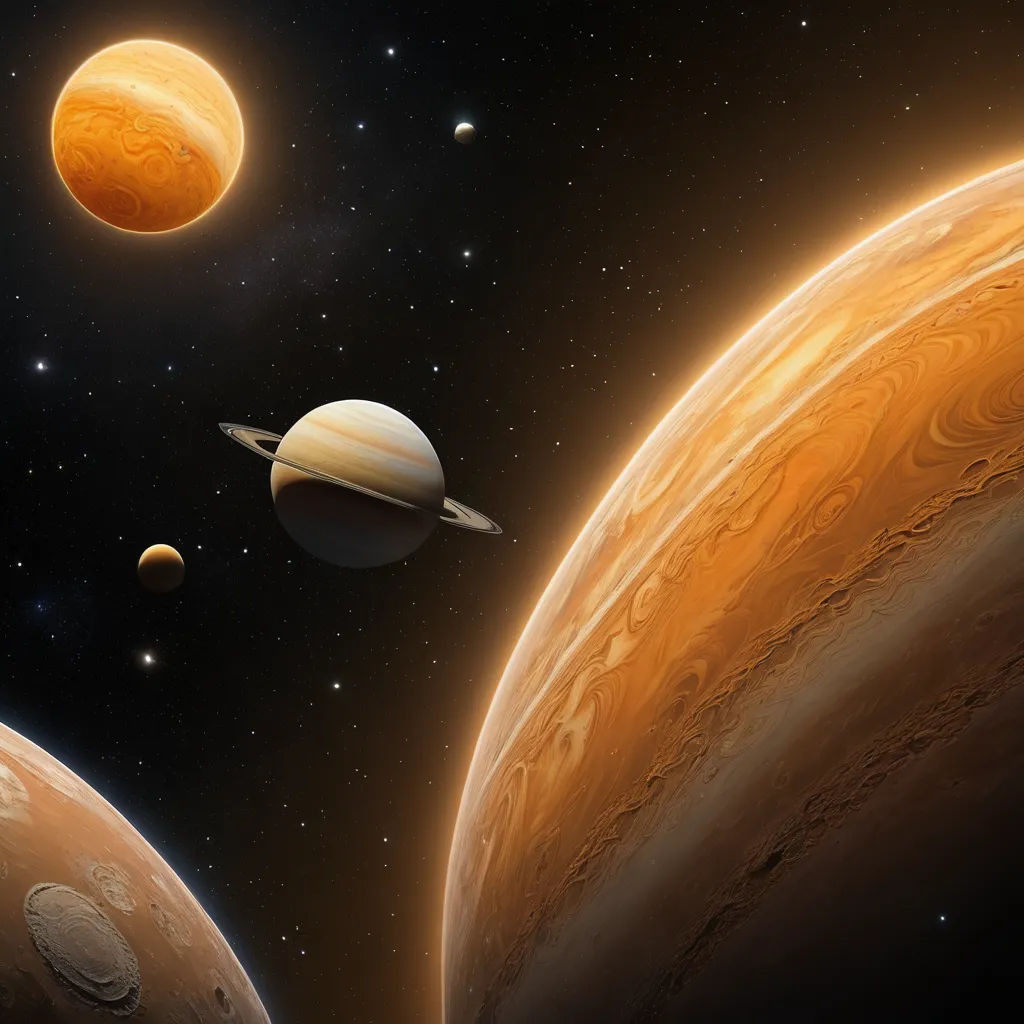 a group of planets in the sky with stars in the background and a bright orange glow on the planet, space art, a detailed matte painting, David A. Hardy, planets