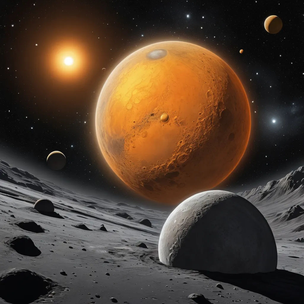 a group of planets in the sky with rocks and rocks around them, and a bright orange planet in the background, space art, a detailed matte painting, David A. Hardy, space