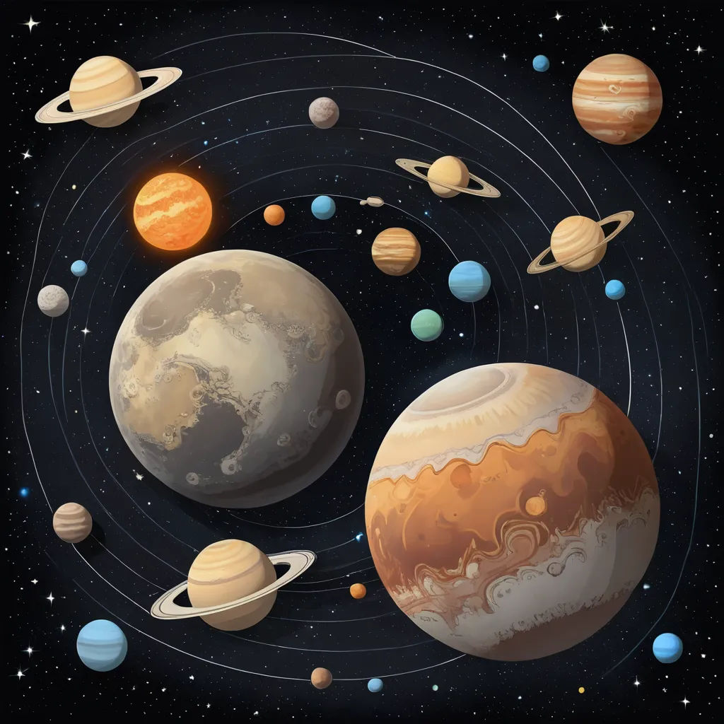 a solar system with the planets in the sky and stars around it illustration of a solar system with the planets in the sky and stars around it, space art, a detailed drawing, Chris LaBrooy, planets