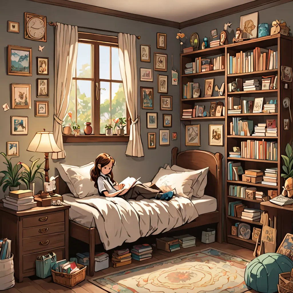 a girl reading a book in a bedroom with a bed and a bookcase full of books and a window, fantasy art, a storybook illustration, Atey Ghailan, storybook illustration