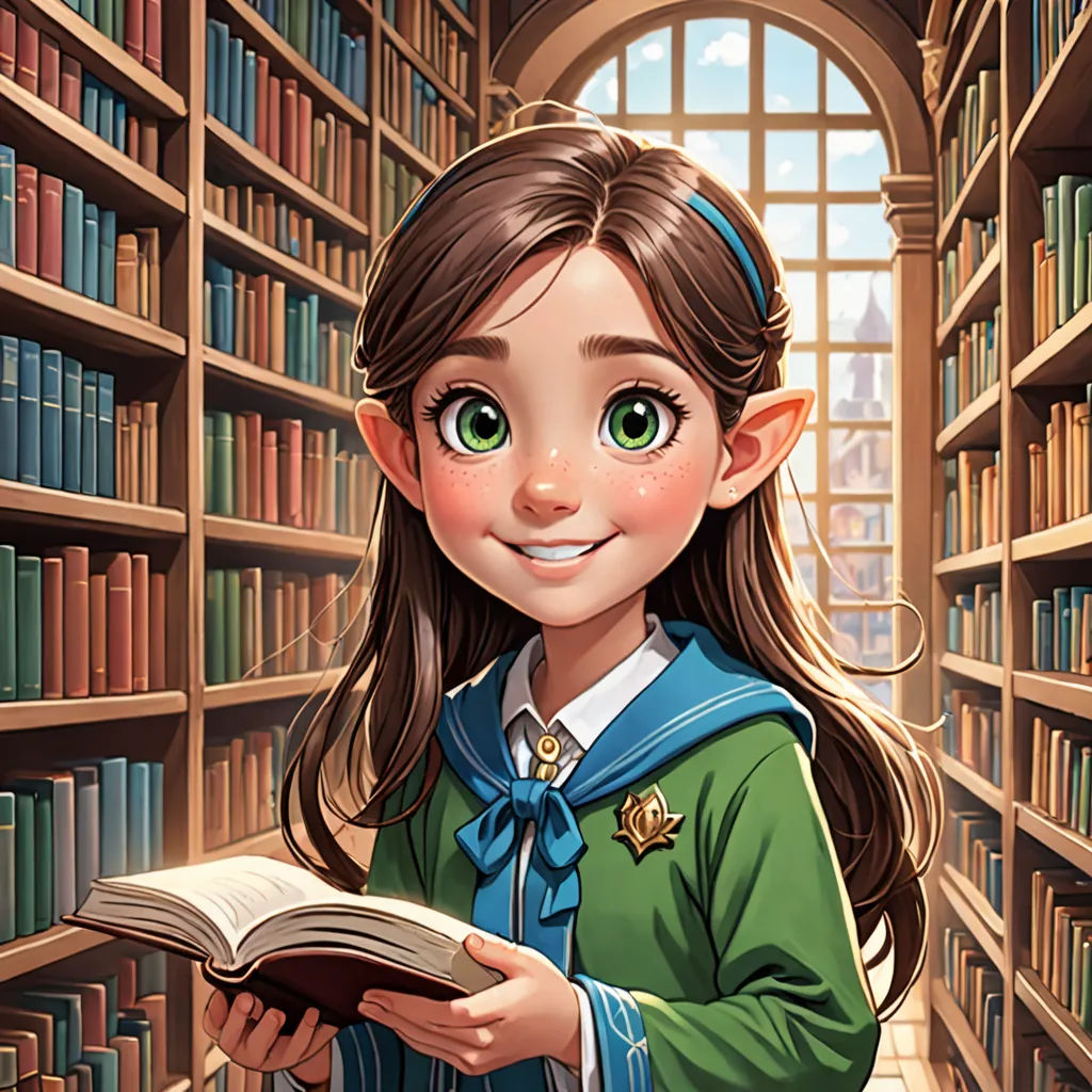 a cartoon girl reading a book in a library with a window in the background and bookshelves in the foreground, fantasy art, a storybook illustration, Clarice Beckett, storybook illustration