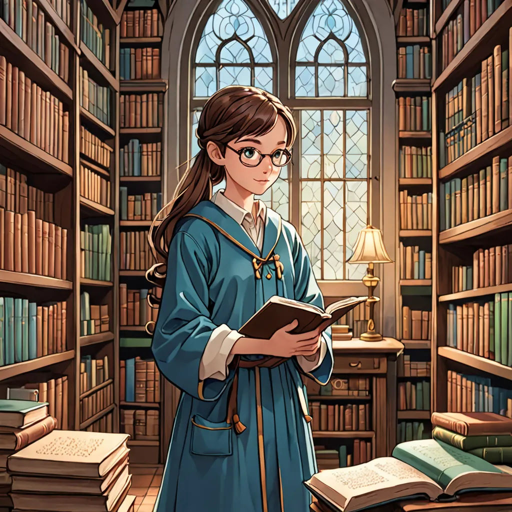 a girl in a library reading a book and looking at a book on a table with a lamp on it, fantasy art, a character portrait, Artgerm, official art