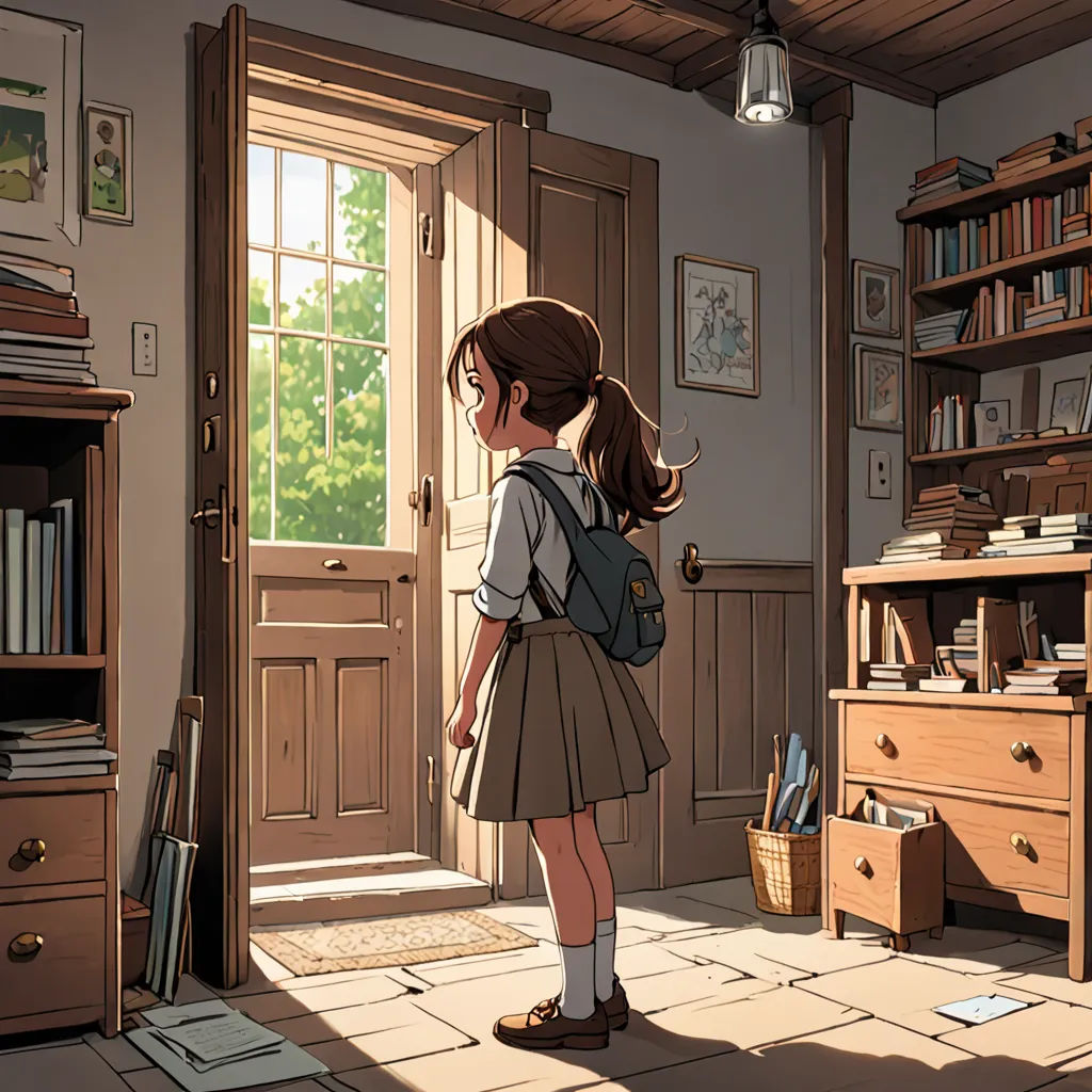 a girl standing in a room with a book case and a book case on the floor and a book shelf, photorealism, a storybook illustration, Clarice Beckett, cushart krenz