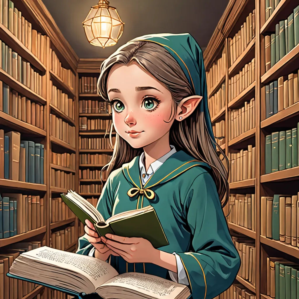 a girl in a library reading a book and looking at the camera with a book in her hand and a lamp above her head, fantasy art, a storybook illustration, Artgerm, storybook illustration