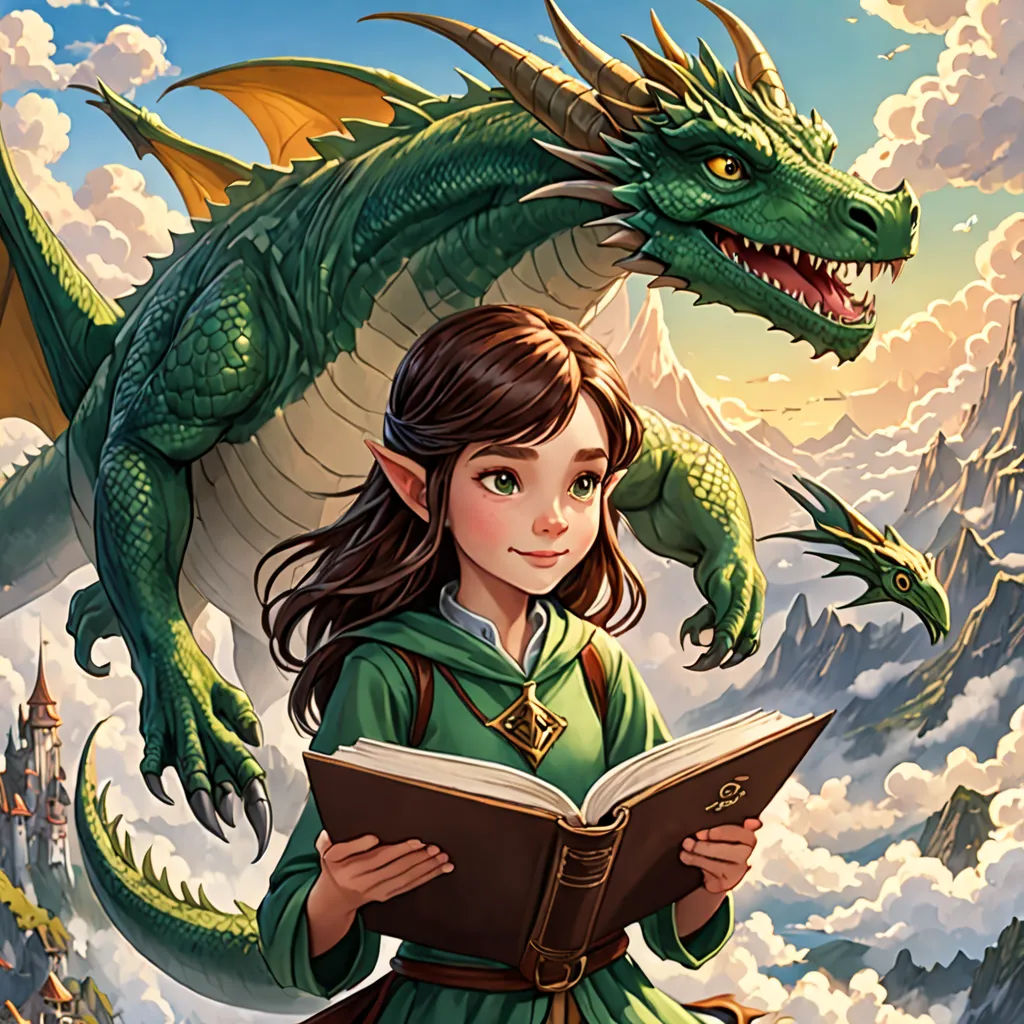 a girl reading a book next to a dragon on a mountain top with a castle in the background and a green dragon on top, fantasy art, a storybook illustration, Cliff Childs, dragon art