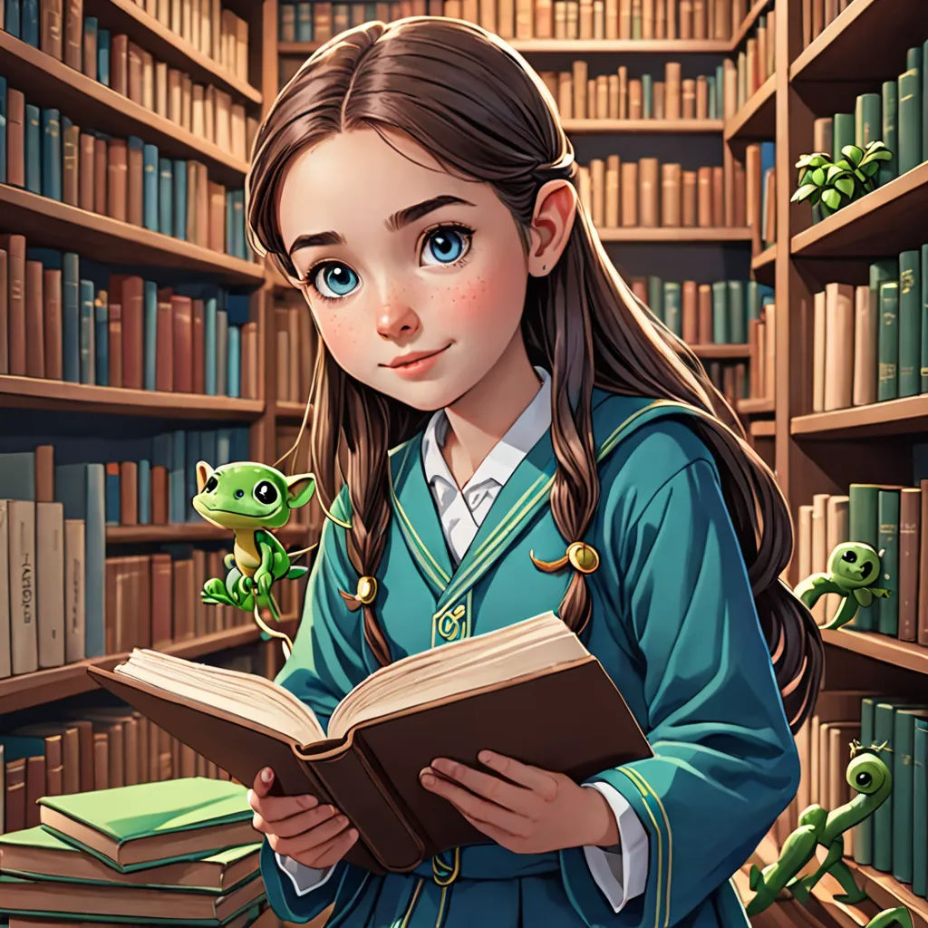 a girl in a library holding a book and a frog on her lap looking at the camera with a frog on her shoulder, fantasy art, a storybook illustration, Anne Stokes, storybook illustration