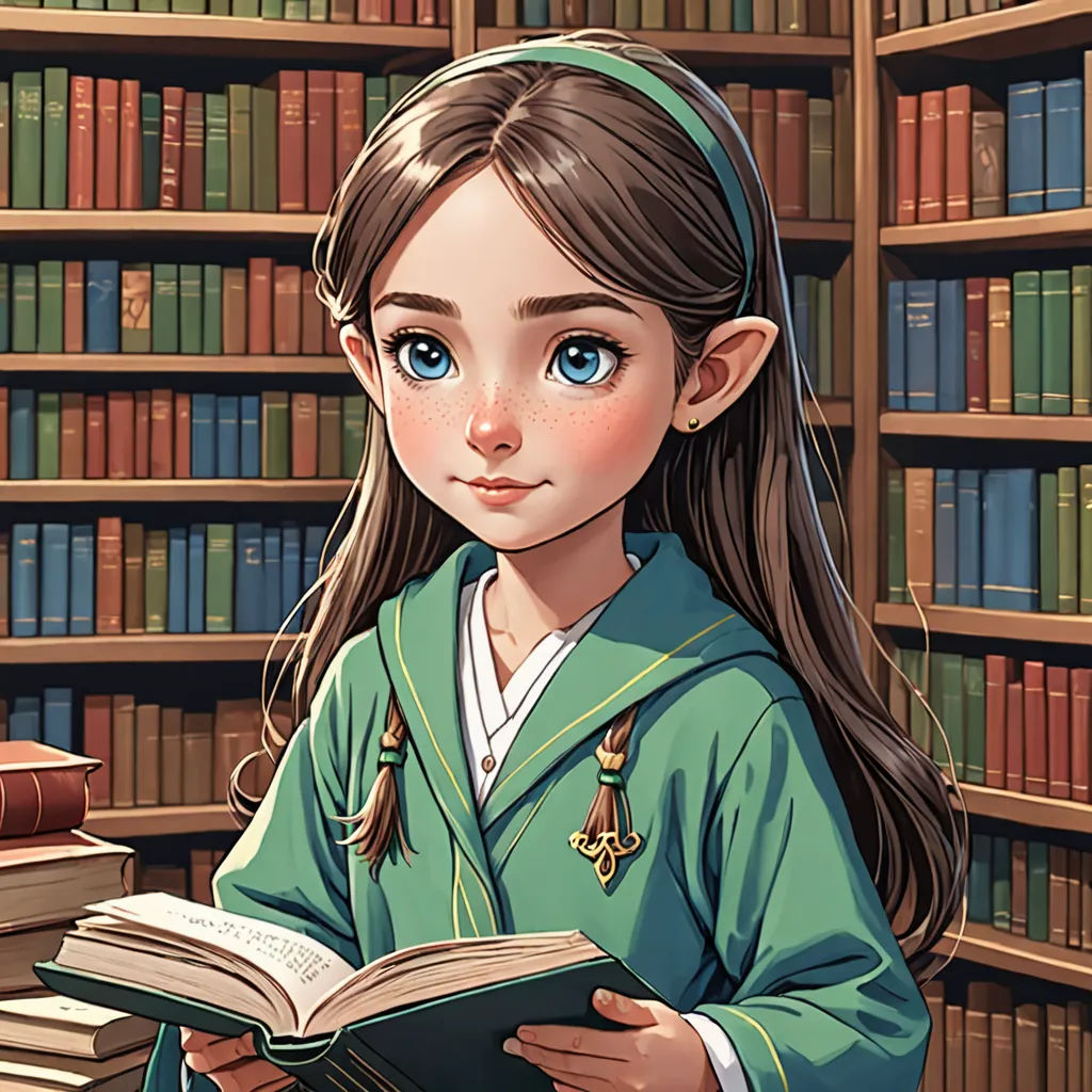 a girl is reading a book in a library with bookshelves behind her and a bookcase full of books, fantasy art, a storybook illustration, Clarice Beckett, storybook illustration
