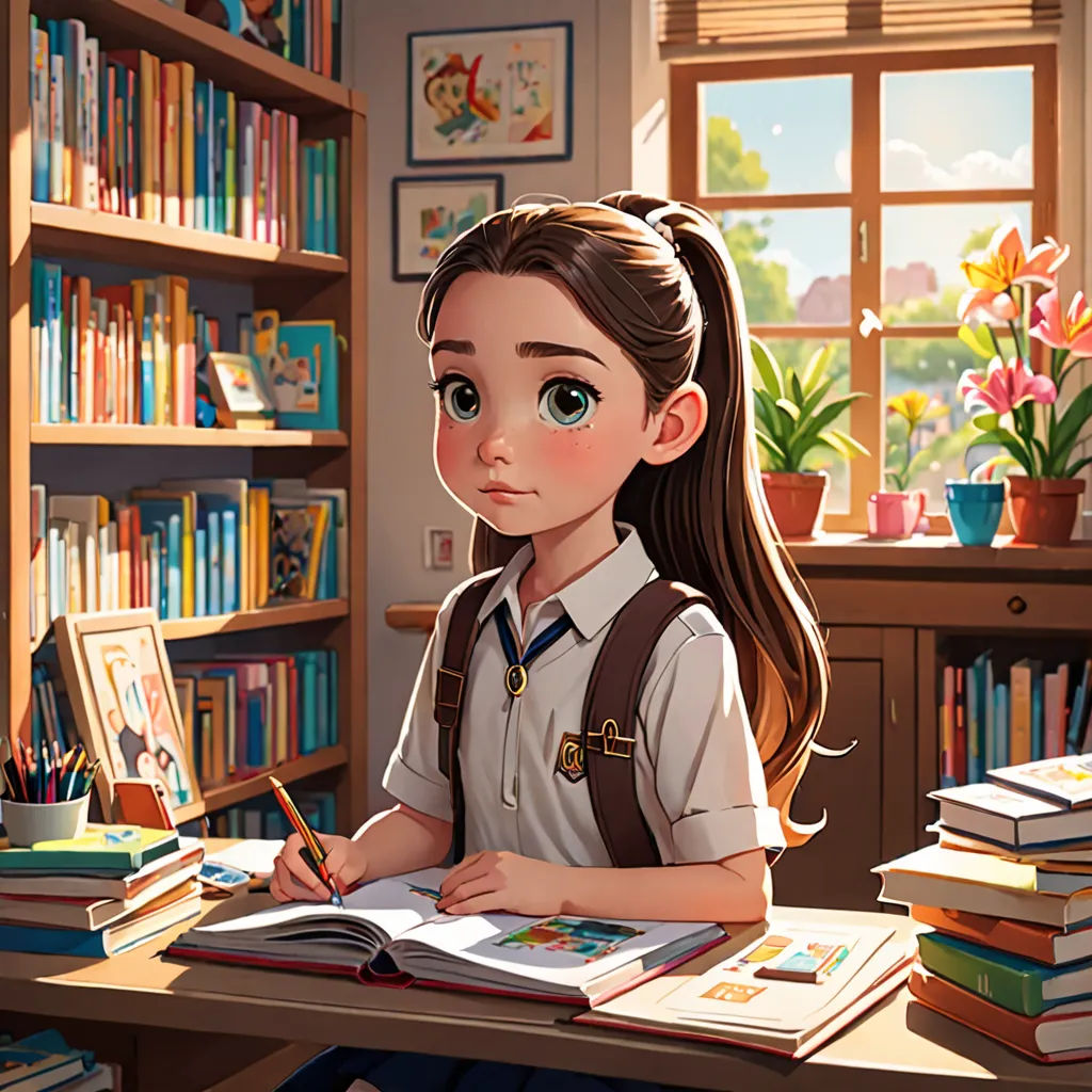 a girl sitting at a desk with a book and a pencil in her hand and a bookcase full of books behind her, photorealism, a storybook illustration, Artgerm, rossdraws global illumination