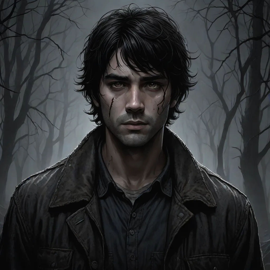 a man in a black jacket standing in a forest with trees and fog behind him, with a creepy look on his face, serial art, a character portrait, Cedric Seaut (Keos Masons), key art
