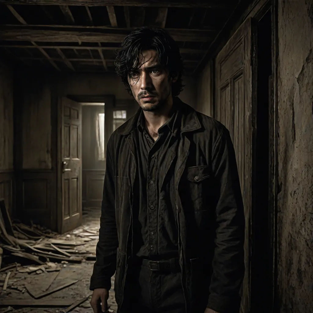 a man standing in a dark room with a door open and a light on his face and a door in the background, international gothic, a character portrait, Dirk Crabeth, promotional image