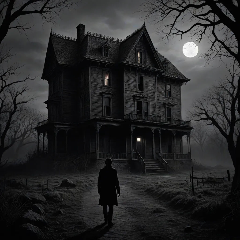 a man walking down a dark road towards a creepy house with a full moon in the background and a creepy tree, gothic art, a detailed matte painting, Dirk Crabeth, dark shadows