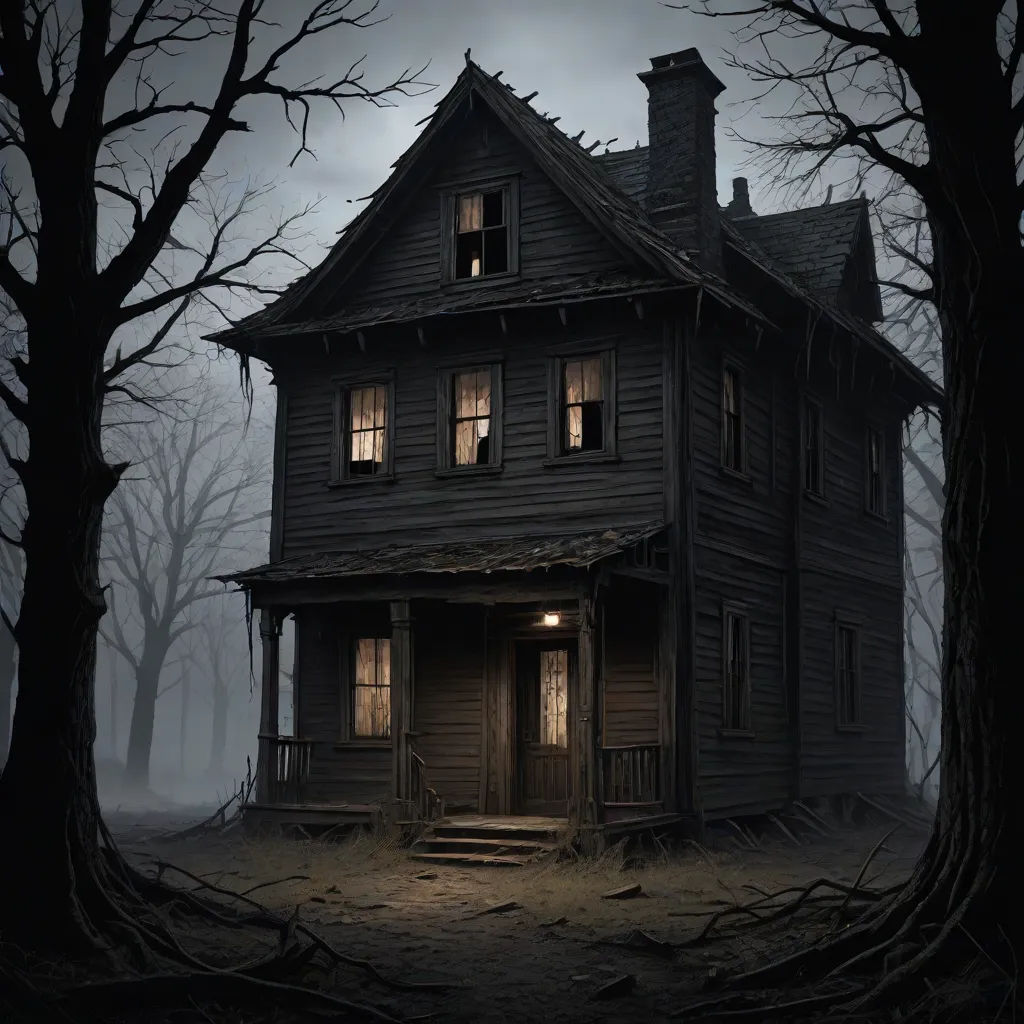 a creepy house with a creepy tree in the background and a creepy light coming from the window in the front, gothic art, a detailed matte painting, Clark Voorhees, promotional image