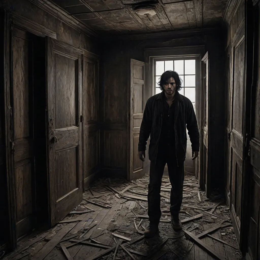 a man standing in a room with a broken door and a window in the background with a torn floor, international gothic, poster art, Charles Martin, promotional image