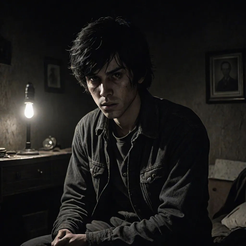 a man sitting in a dark room with a light on his head and a lamp on his desk behind him, antipodeans, a character portrait, Daryush Shokof, promotional image