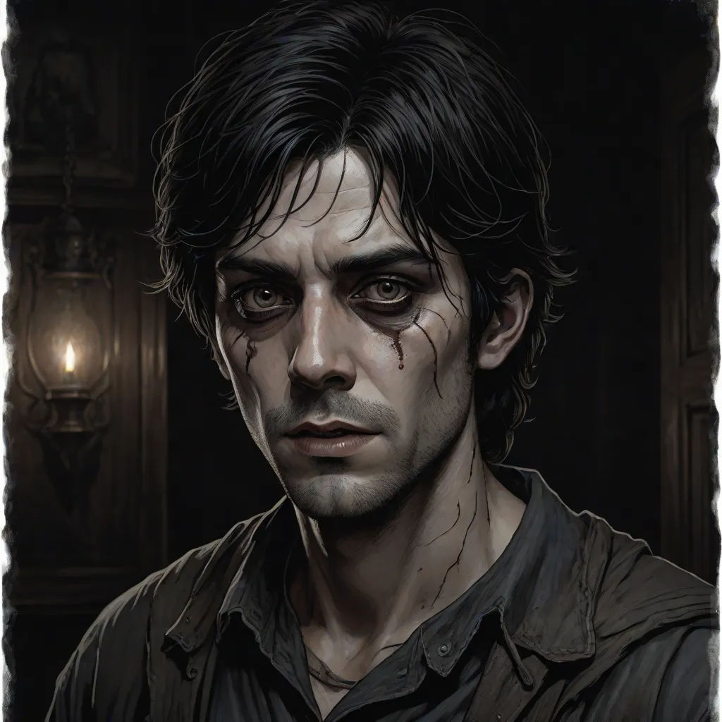 a man with a bloody face and a black shirt on is staring at the camera with a light in the background, serial art, a character portrait, Bastien L. Deharme, character portrait