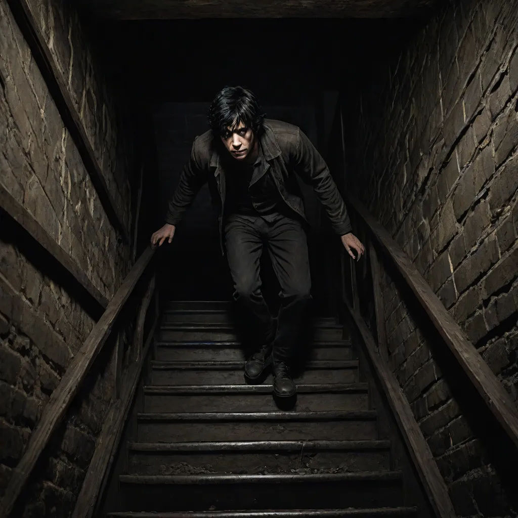 a man is walking down a set of stairs in a dark alley way with his hands on the steps, art photography, a character portrait, Cedric Seaut (Keos Masons), promotional image