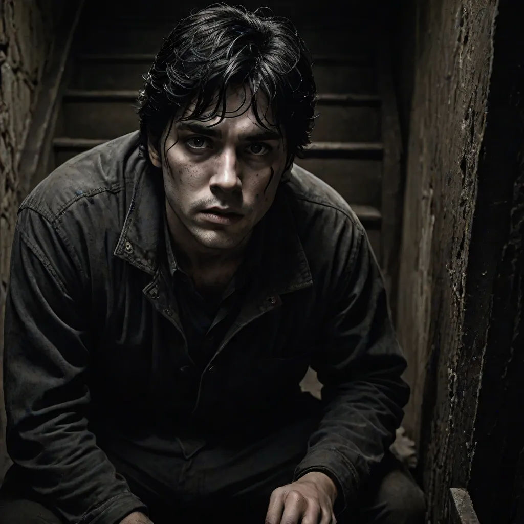 a man sitting on a step in a dark room with a knife in his hand and a knife in his hand, figuration libre, a character portrait, David Budd, promotional image
