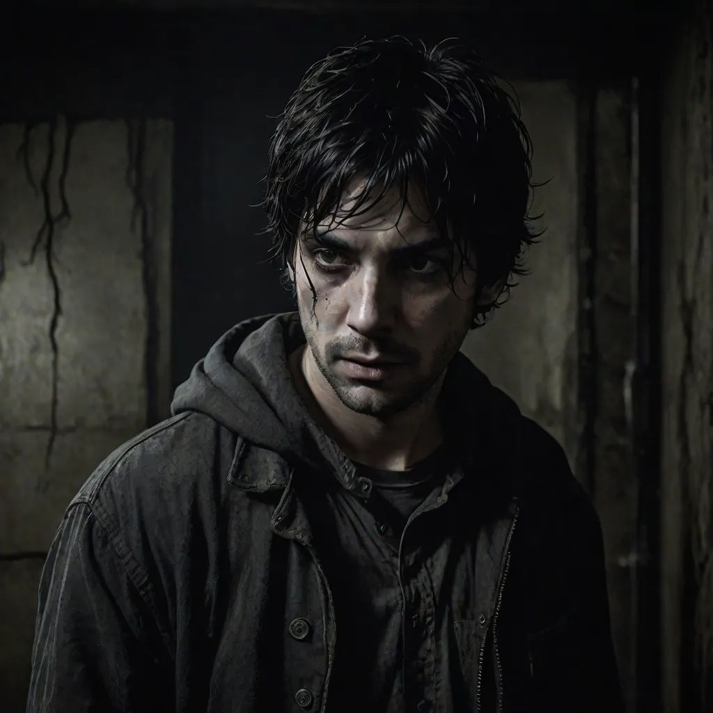 a man in a dark room with a hoodie on and a creepy look on his face, looking at the camera, antipodeans, a character portrait, Ben Templesmith, promotional image