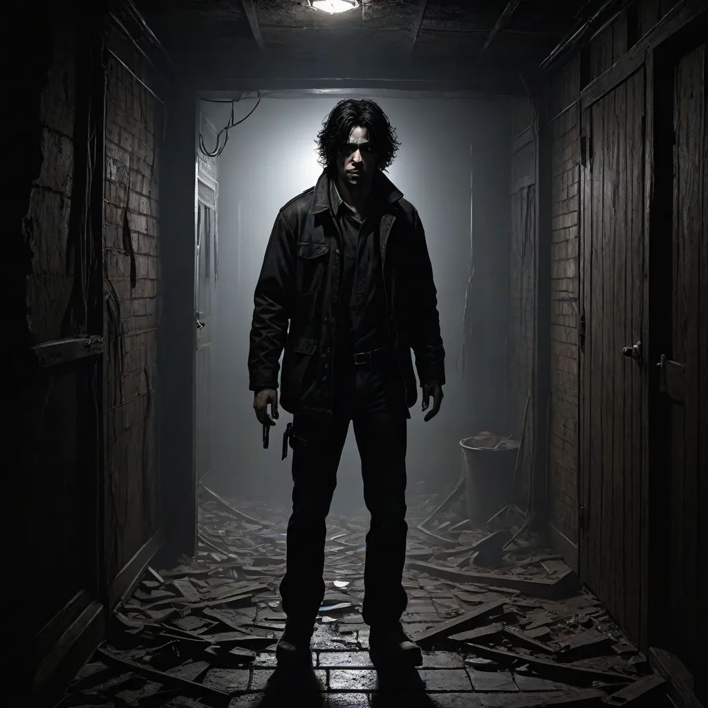 a man standing in a dark hallway with a flashlight on his head and a black jacket on his shoulders, photorealism, a character portrait, Eddie Mendoza, cryengine