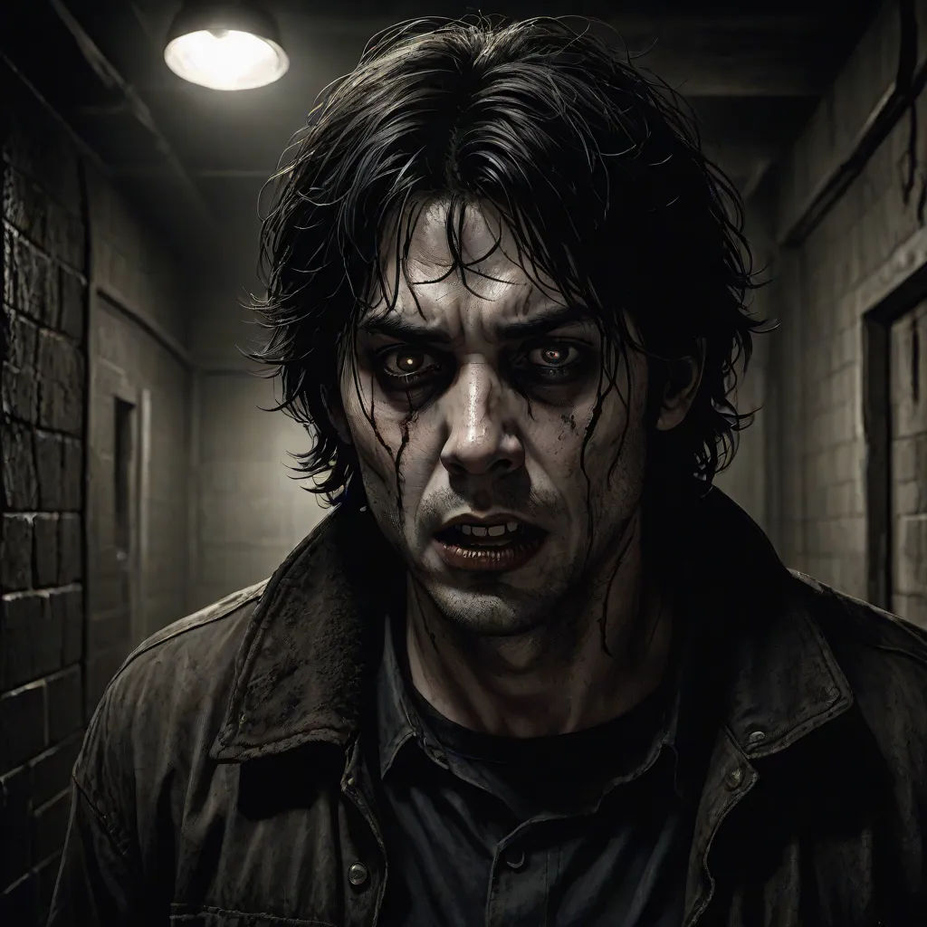 a man with blood on his face and a black jacket on in a dark hallway with a light on, shock art, concept art, Dirk Crabeth, promotional image